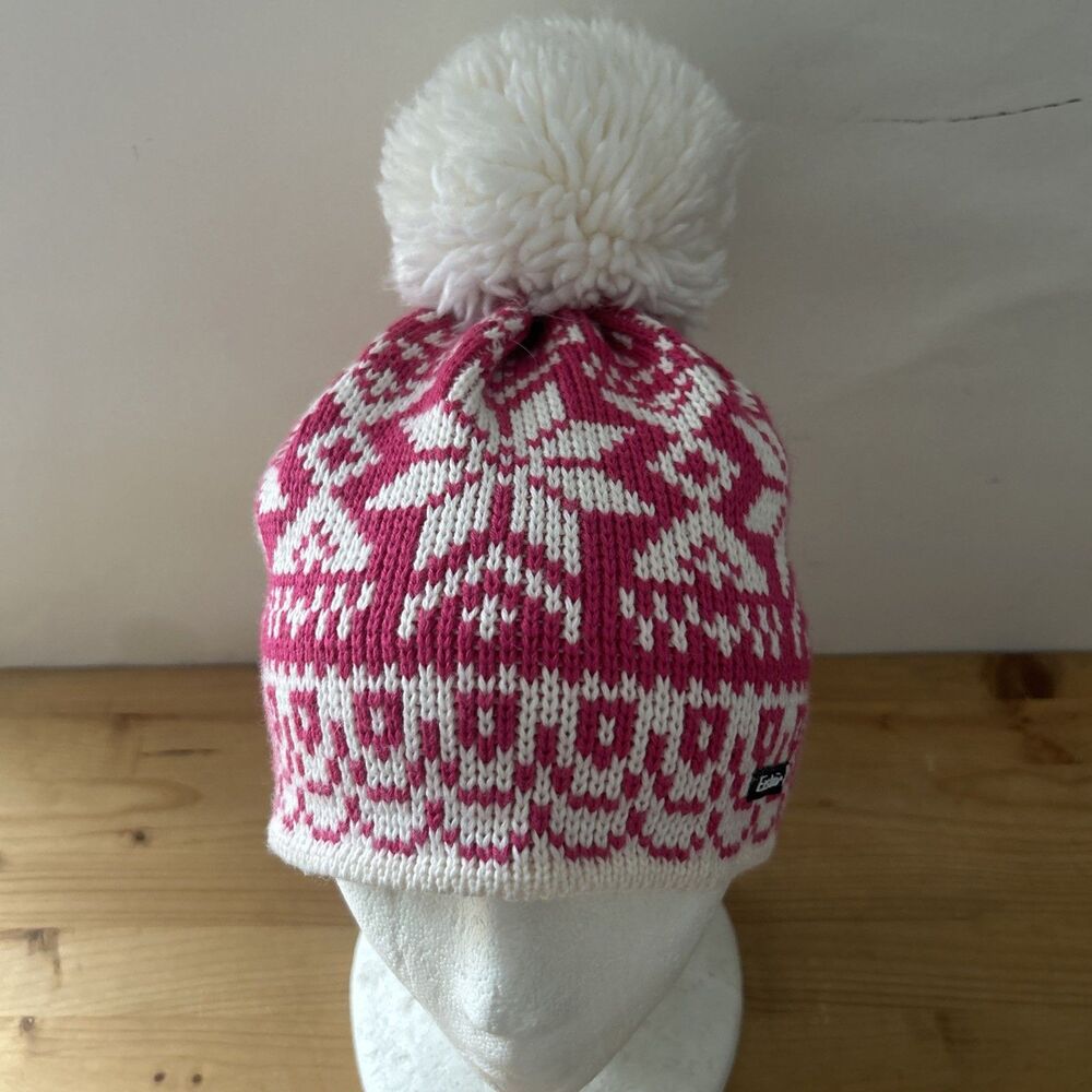 Eisbar Knit Hat Pink Fair Isle Snowflakes Merino Wool  Beanie w White Pom OS